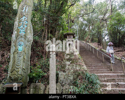 Steinsäule graviert mit Kanji und buddhistischen Gottes, und henro pigrim hinunter Tempel Treppe, 88 Tempel Shikoku Pilgerweg, Tokushima, Japan Stockfoto