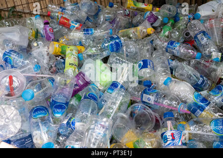 Bangkok, Thailand - 22. September 2018: Plastikflaschen in Papierkorb warten auf Recycling. Stockfoto