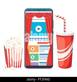 Pocket Cinema Konzept Design. Digitale bunte Filmstreifen mit Play Symbol auf dem Smartphone anzeigen. Vector Illustration auf weißem Hintergrund. Stock Vektor