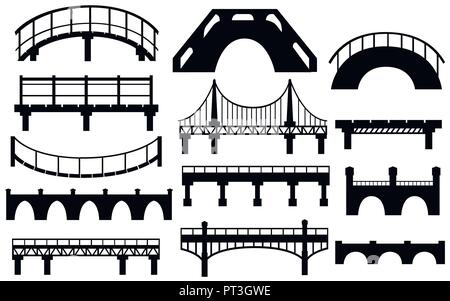 Schwarze Silhouette. Sammlung von verschiedenen Brücken. Stadt Architektur Flachbild-Symbol. Vector Illustration auf weißem Hintergrund. Stock Vektor