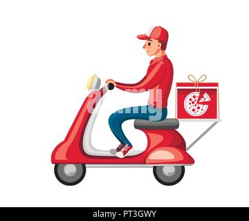 Lächelnd pizza Kurier. Essen Kurier auf rot Retro scooter mit trunk Fall box. Pizza Delivery. Cartoon Character Design. Flache vektor Lllustrat Stock Vektor