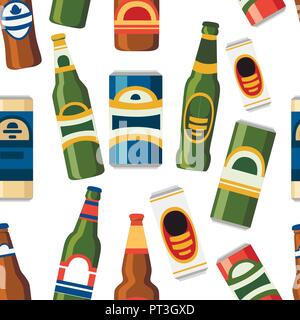 Nahtlose Muster. Sammlung von Bierdosen und Flaschen. Vorlage Flachbild-Symbol. Alkoholisches Getränk. Abbildung: auf weißem Hintergrund. Stock Vektor