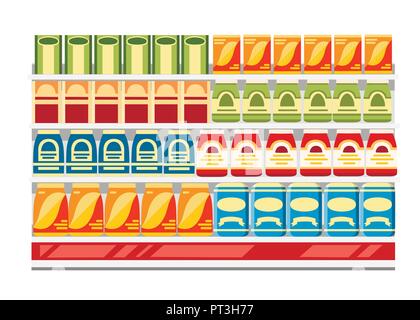 Supermarkt Regale mit Produkten. Papier Boxen mit Essen. Flache Vector Illustration auf weißem Hintergrund. Stock Vektor