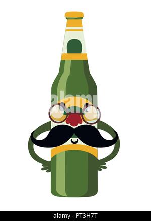 Grüne Bierflasche Maskottchen. Cartoon Character Design im flachen Stil. Mit Brille und einem Schnurrbart Flasche. Vector Illustration auf weißem Hintergrund Stock Vektor