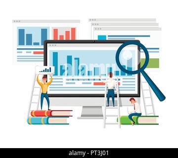 Language School Konzept Banner. Monitor, Bücher und Menschen. Online Bildung Konzept. Flache Vector Illustration auf weißem Hintergrund. Webseite und m Stock Vektor