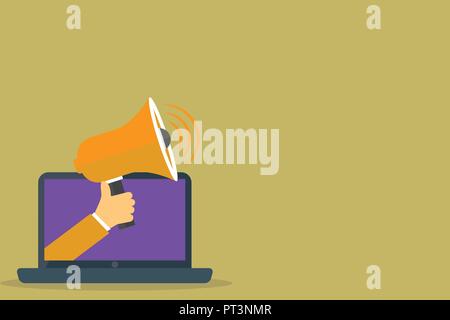 Flaches Design business Vector Illustration Konzept leere Vorlage kopieren space Poster Gutscheine Werbemittel. Die menschliche Hand aus PC-Monitor H Stock Vektor