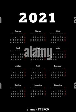 2021 Jahr einfacher Kalender auf französische Sprache, Größe A4 vertikale Blatt auf Schwarz Stock Vektor