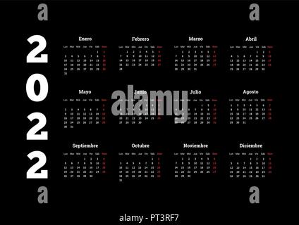 2022 Jahr einfacher Kalender in Spanisch auf Schwarz Stock Vektor