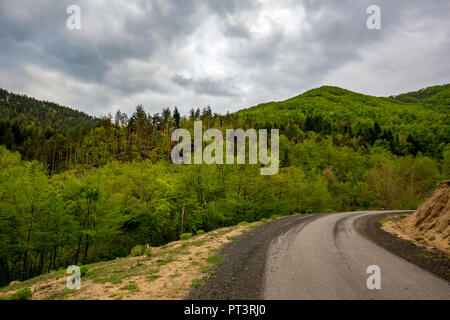 Persönliche Perspektive des Gehens auf schwarzen Kies Mountain Road in Rhodopen Gebirge im Süden von Bulgarien. POV. Landschaften grüne Landschaft Blick aus den Augen mit dynamischen bewölkter Himmel Stockfoto