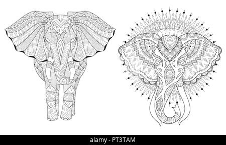 Malvorlagen. Malbuch für Erwachsene. Färbung Bilder von Mandala stilisierten Elefanten. Freehand mit Doodle und zentangle Elemente. Ve Stock Vektor