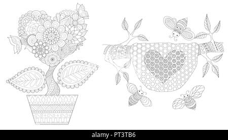 Satz von Blumen und Bienenstock in Herzform für Hochzeitseinladungen, Valentines Card und erwachsenen Malbuch Seite für Anti stress. Vector Illustration Stock Vektor