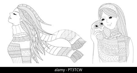 Malvorlagen. Malbuch für Erwachsene. Färbung Bilder von hübschen Mädchen mit Winter Tücher auf, niedliche Eule und kühle Wetter eingestellt. Freehand w Stock Vektor