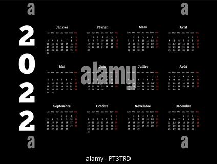 2022 Jahr einfacher Kalender auf französische Sprache auf Schwarz Stock Vektor