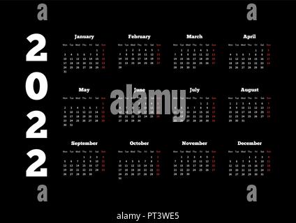 Kalender auf 2022 Jahr mit Woche ab Montag, A4-Blatt auf Schwarz Stock Vektor
