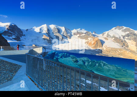 Touristische sieht Panorama von der Terrasse mit Panoramablick, Diavolezza Zuflucht, Bernina, Engadin, Graubünden, Schweiz, Europa, Stockfoto