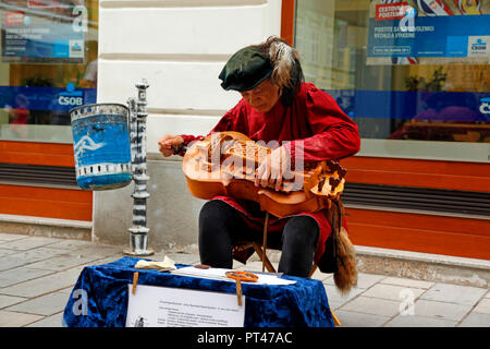 Straßenmusiker in mittelalterlichen Kostüm spielen eine Ninera, eine einzigartige slowakische Version einer Drehleier in Bratislava gekleidet Stockfoto