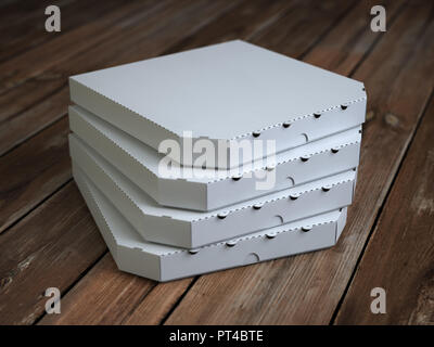 Pizzakartons auf vintage Holzbohlen. Mock up. 3D-Darstellung Stockfoto