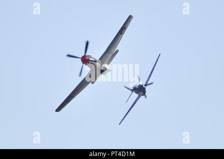 Paar North American P-51 Mustang Zweiten Weltkrieg Kampfflugzeuge am IWM Duxford Schlacht von Großbritannien Airshowon der 23. September 2018 fliegen Stockfoto