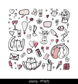 Doodle mit niedlichen Liebe Symbole gesetzt. Katzen und Valentinstag Objekte. Vector Illustration. Stock Vektor