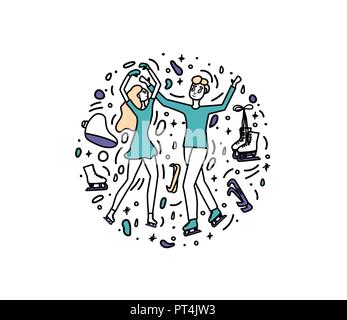 Eiskunstlauf Konzept. Runde Zusammensetzung in doodle Stil mit atletes und Sportausrüstung. Vector Illustration. Stock Vektor