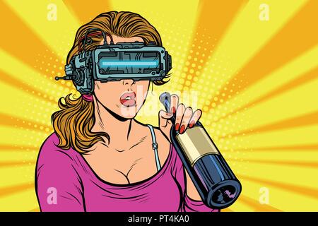 VR-Brille. Frau trinkt Wein aus der Flasche. Einsamkeit und Traurigkeit. Pop Art retro Vektor illustration Vintage kitsch Stock Vektor