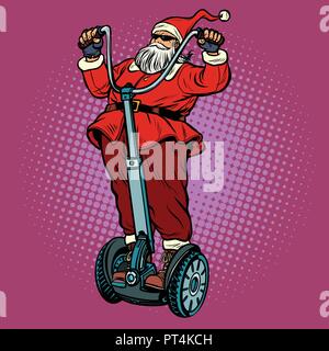 Santa Claus Biker mit Weihnachten Geschenke reitet einen Elektroroller. Pop Art retro Vektor illustration Vintage kitsch Stock Vektor