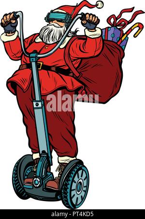 Santa Claus im VR-Brille, mit Weihnachten Geschenke reitet einen Elektroroller. Virtuelle Realität. Auf weissem Hintergrund isolieren. Pop Art retro Vektor illustra Stock Vektor