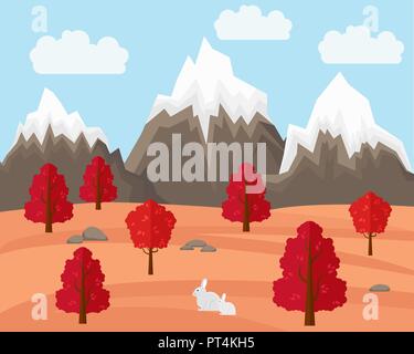 Herbst Landschaft mit Hase im flachen Stil Illustartion. Berge und Bäume. Berg Herbst Landschaft Stock Vektor