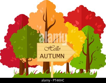 Isolierte Vector Illustration mit Herbst Wald mit einem hölzernen Zeiger. Stock Vektor