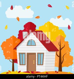Vektor Herbst Landschaft. Country House in den Wald. Stock Vektor