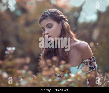 Schöne Mädchen im Bereich der Blumen Stockfoto