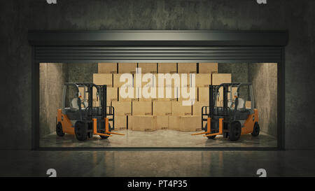 Self Storage Einheit voller Kartons öffnen. 3D-Rendering Stockfoto