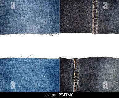 Sammlung von blauen und schwarzen Jeans Stoff Texturen auf weißem Hintergrund. Grobe unebenen Kanten. Zerrissene Jeans Stoff mit Kopie Raum Stockfoto