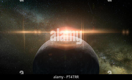 Sonnenaufgang über Planet Merkur von der Sonne und der Milchstraße Stockfoto