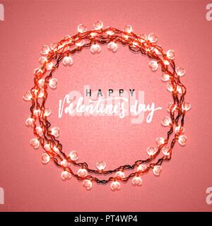 Happy Valentines Tag. Schriftzug Grußkarten Inschrift handgefertigt. Leuchtende Lichter Kranz liebe Urlaub. Design hell Retro Hintergrund. Girlanden Deko in Form von roten Herzen Stock Vektor