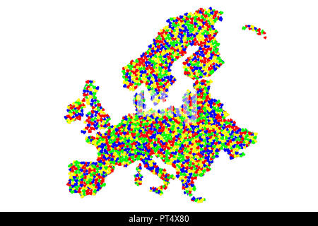 Eine Collage aus einer Karte von Europa aus Tausenden von clorful Herzen Stockfoto