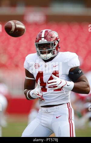 Okt 6, 2018: Kedrick James #44 Alabama festes Ende sieht in einer Kugel. Alabama besiegt Arkansas 65-31 bei Donald W. Reynolds Stadion in Fayetteville, AR, Richey Miller/CSM Stockfoto