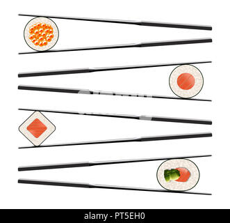 Hier ist ein sauberer, einfacher Blick auf Sushi und Chop Sticks. Hier sind Thunfisch und Reis in Nori zu sehen. Stockfoto