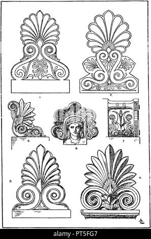 Gesicht625: 1. Griechische Stirn, polychrom bemalt, der Tempel der Nike Apteros in Athen. 2. Griechische Tondachziegel, polychrom bemalt. Gefunden auf der Akropolis in Athen. 3. Griechische Stirn vom Parthenon in Athen. Marmor. 4. Griechische tombstone Krönung der Form einer Stirn Fliese. 5. Graeko-Italian stirn Fliese von gebranntem Ton. Museum in Perugia, 6-7. Vorder- und Seitenansicht eines Eckakroterie nach Bötticher., ML 1918 Stockfoto