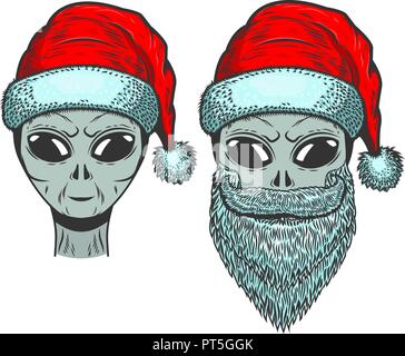 Alien in Santa Claus Hut, auf weißem Hintergrund. Thema Weihnachten. Design Element für Emblem, Poster, T-Shirt. Vector Illustration Stock Vektor