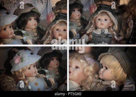 Eine Collage aus vier hübschen Puppen in schöne Kleider. Stockfoto