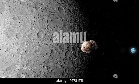 Abbildung: Ein Asteroid, der vorbei an den Mond, wie er nähert sich der Erde. Erdnahe Asteroiden sind eine ständige Bedrohung für unseren Planeten. Stockfoto