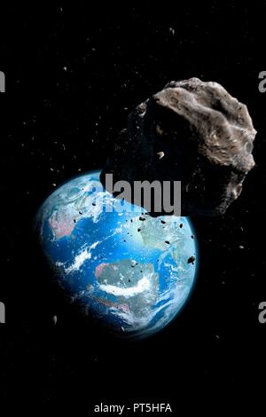 Abbildung: Ein Asteroid nähert sich der Erde aus der Kreidezeit, balanciert, die Dinosaurier auszurotten. Erdnahe Asteroiden sind eine ständige Bedrohung für unseren Planeten. Stockfoto
