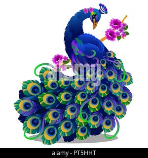 Schöner vogel Pfau sitzen auf einer Stange mit Blumen auf weißem Hintergrund. Vektor cartoon Close-up Abbildung. Stock Vektor