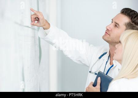 Portrait von ausgewachsenen männlichen und weiblichen Ärzte untersuchen White Board. Stockfoto