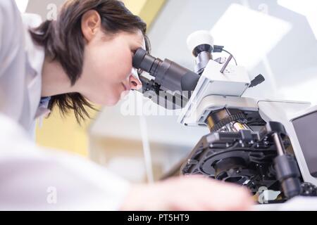 Weibliche Labortechniker mit Mikroskop im Labor. Stockfoto