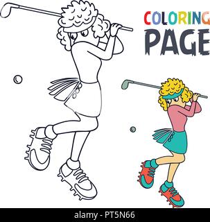 Färbung Seite mit Frau Golf player Cartoon Stock Vektor