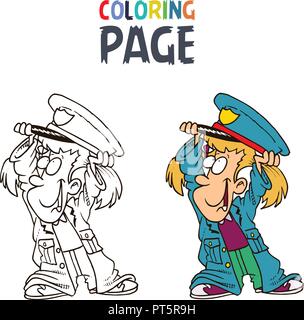 Kleines Mädchen tragen Kleidung Polizei cartoon Färbung Seite Stock Vektor