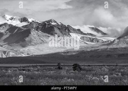 Gulkana Gletscher über Summit Lake von Denali Highway im Herbst in Schwarz und Weiß Stockfoto