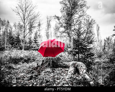 Abstrakte schwarz-weiß Bild von einem roten Regenschirm in einer Amtsleitung Stockfoto